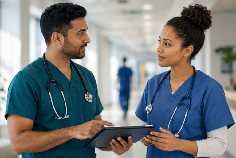 Picture of two healthcare workers intended to describe the ACP vs Registrar topic