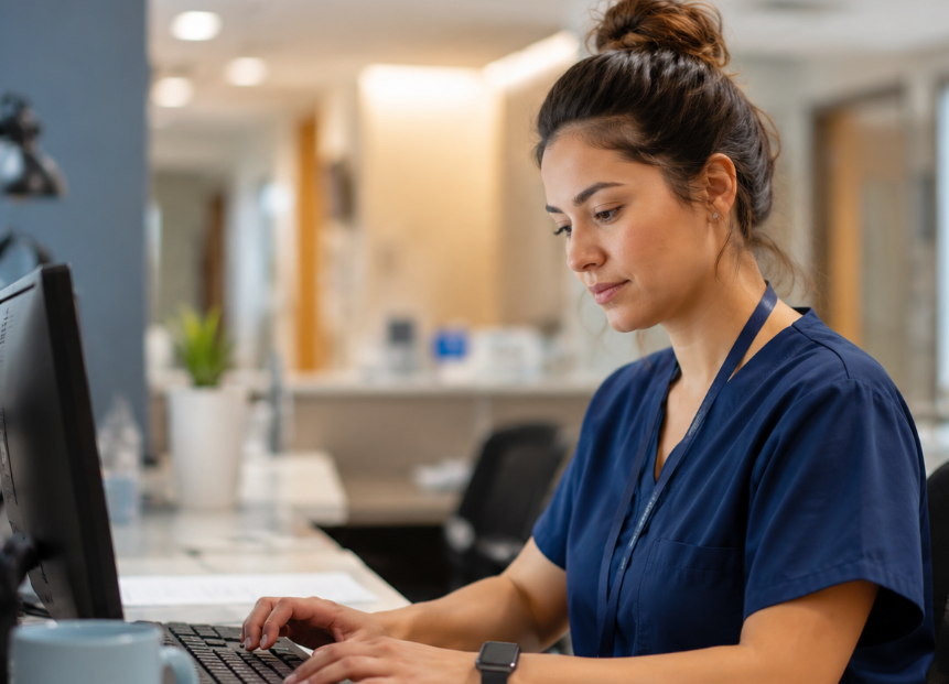 A nurse in front of a PC documenting up on the keyboard