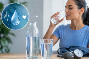 image of someone drinking water and having a blood pressure cuff on table. linked to post: Does drinking more water lower blood pressure? Learn what hydration can and cannot do, why the answer is more complex than wellness posts suggest, and how healthcare workers can explain it safely.