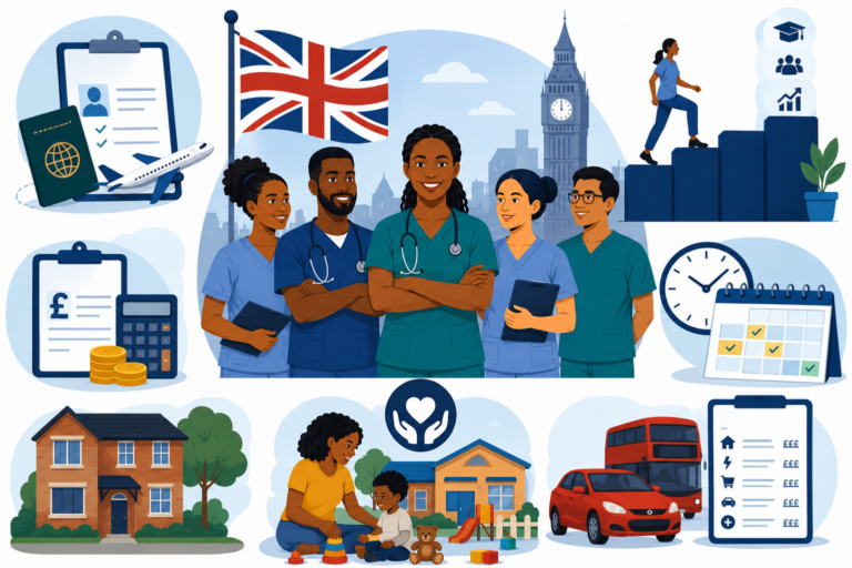 Overseas healthcare workers in the UK showing visa, pay, childcare, housing, transport, shift patterns and career progression.