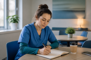 healthcare worker by the desk with notes on table