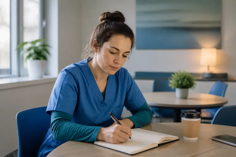 healthcare worker by the desk with notes on table
