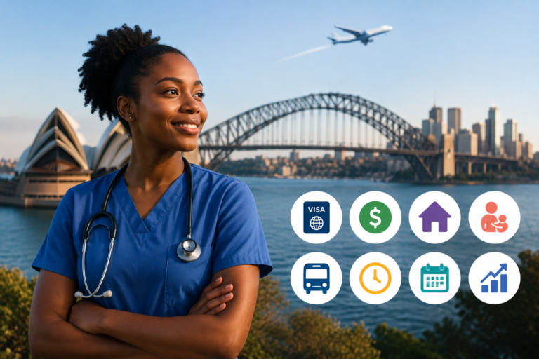 An image showing a model of a Nigerian nurse staring over a bridge and a plan with icon descriptors of travel