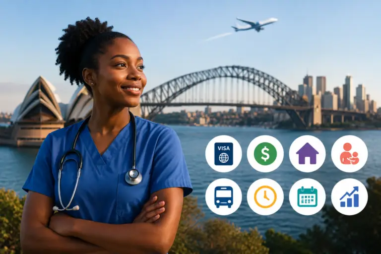 An image showing a model of a Nigerian nurse staring over a bridge and a plan with icon descriptors of travel